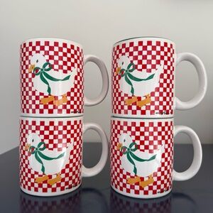 Red Checkered Gingham Duck Goose  Mugs Set of 4